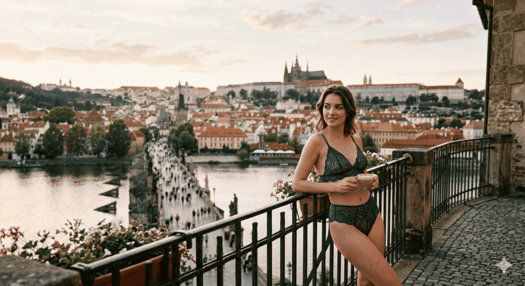 Prague escort in black lace lingerie with coffee overlooking Prague Castle